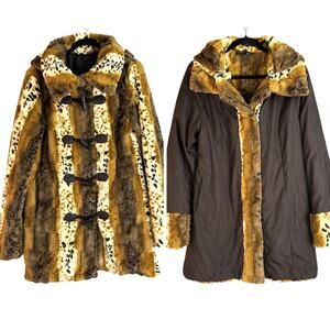 Dennis Basso Reversible Faux Fur Coat Womens Medium Removable Hood